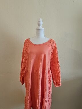 Sz 16 18 XL Coral Orange Lightweight Flowy Loose Eyelit Sleeve Breezy Feminine